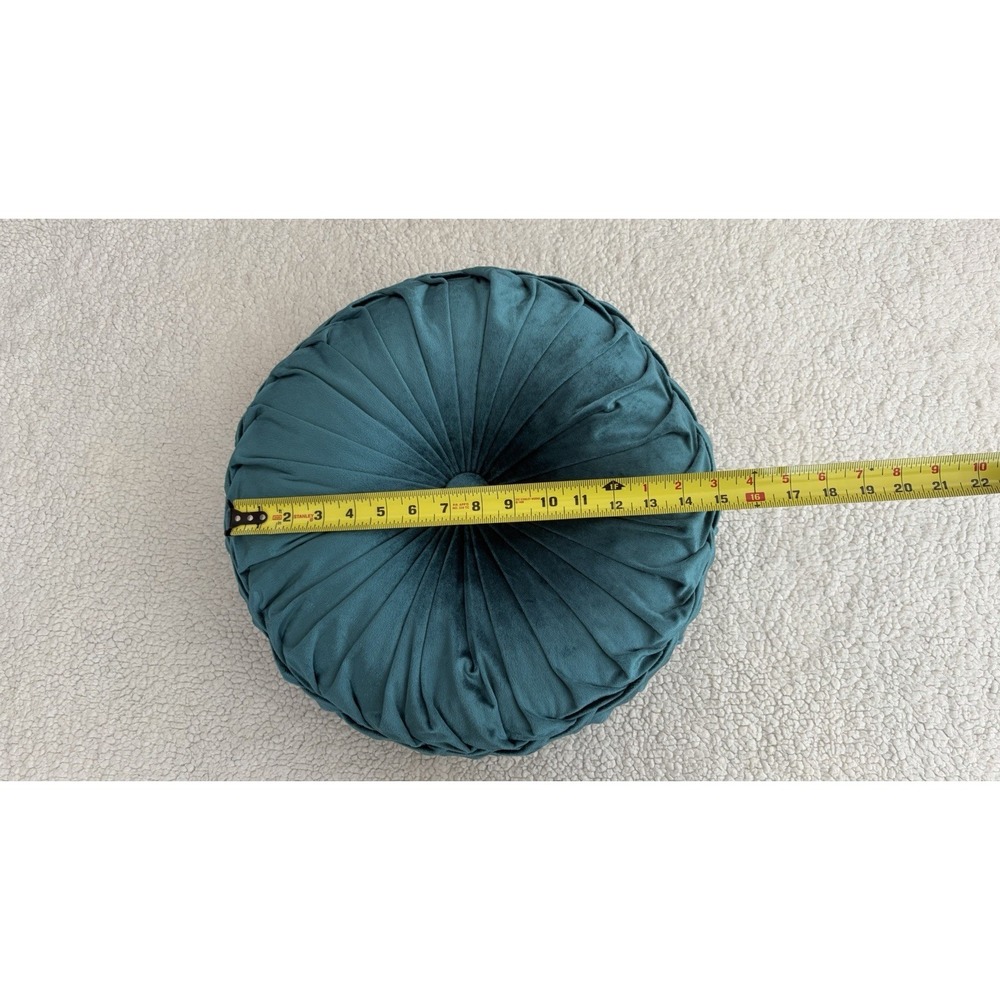 Round Velvet Throw Pillow Pumpkin Teal Blue Green Tufted Pleated Cushion Decor - Picture 14 of 16